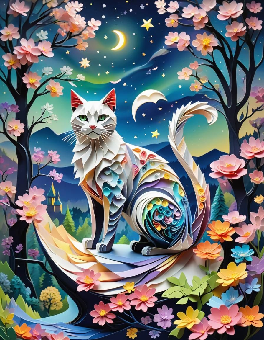 Kirigami three-dimensional origami art. The cat overlooks the scenery of Czech-Kulunlov from a high place. ...  by @HIKER