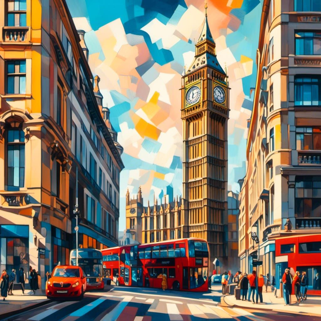 <lora:RomanticCompXL:1.0> Big Ben tower  London quarter view from the street colorful vibrant bold color sunny day sunlight