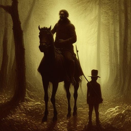 earl king, dark forest, father and son on horseback, haunted