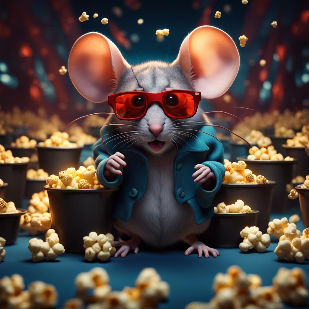 A mouse wearing 3d glasses sat watching a film with some pop...