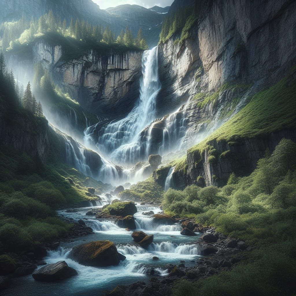 Imagine a detailed and photorealistic image of a cascading waterfall nestled in the heart of the Alps. The image should capture the dynamic...