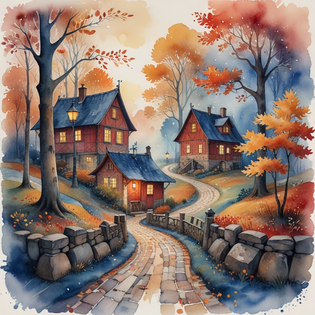 Enchanting Autumn Village Scene in Watercolor Style
