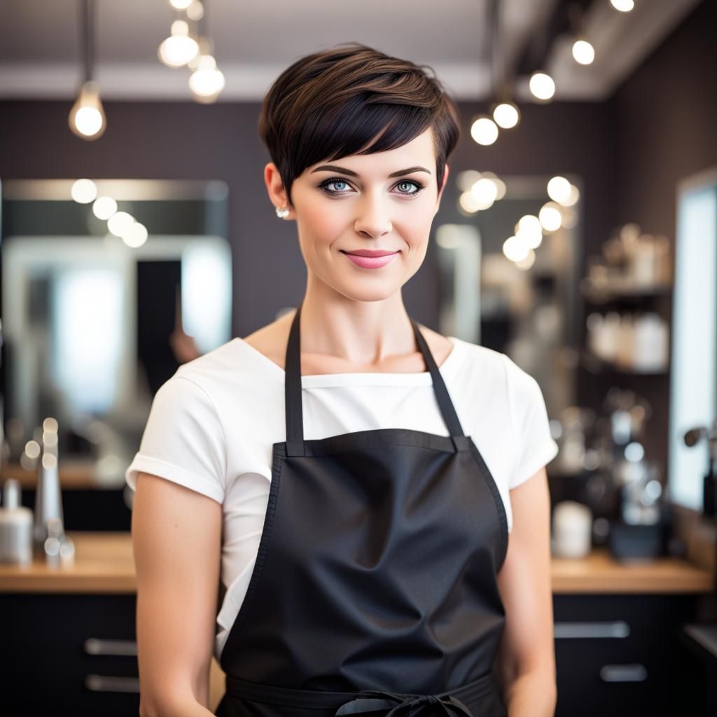 modern female hairdresser with pixie cut black apron in her ...