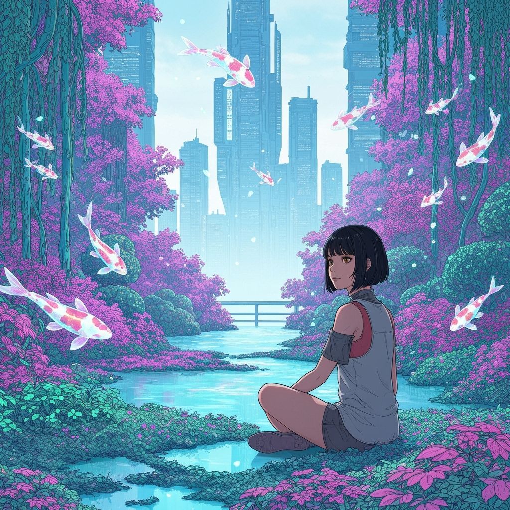 Woman in Neon Garden Gazing at Cyberpunk City