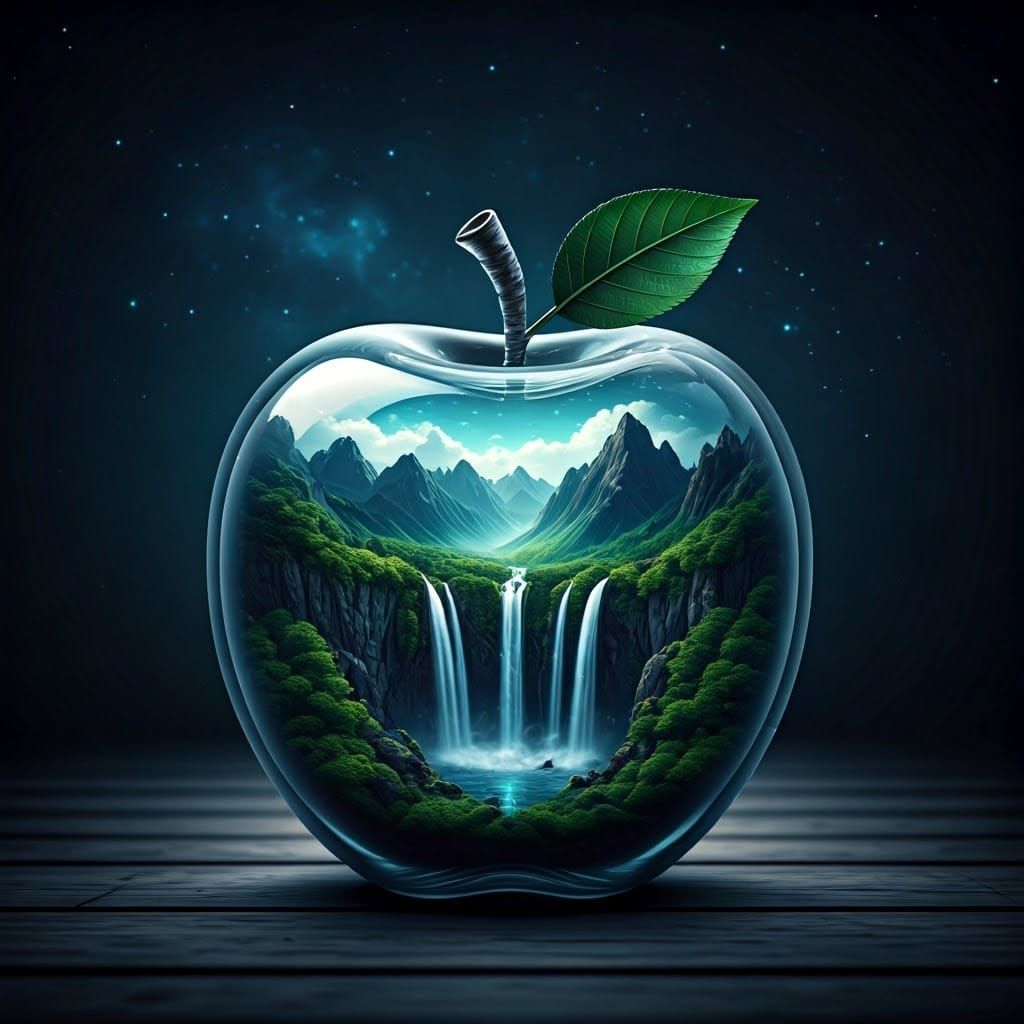 An apple made of glass, inside the Apple showing mountainsans a cascading waterfall, background of the ...  by @AI