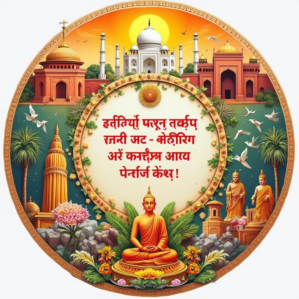 Create a highly detailed and vibrant illustration of a large vertical oval divided into three equal parts:

🟠 Top-Left Section – Historical ...