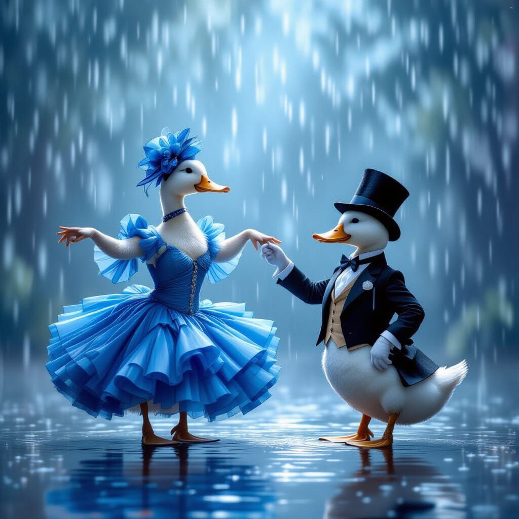 a duck dancing tango in the raindrops, a dress made of pleated blue tulle and another duck in a top ...  by @GRAZYNA-BARBARA