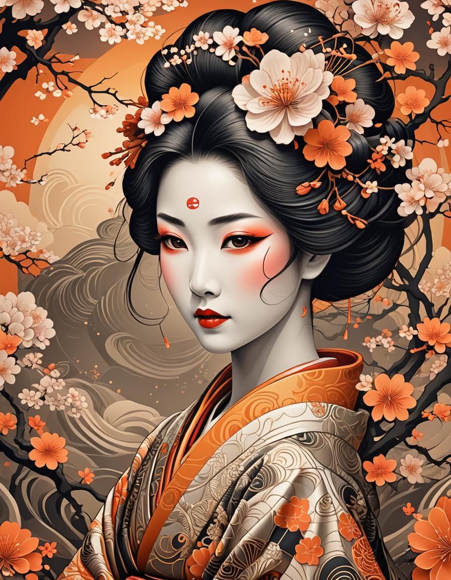 japanese geisha with sakura orange sunrise