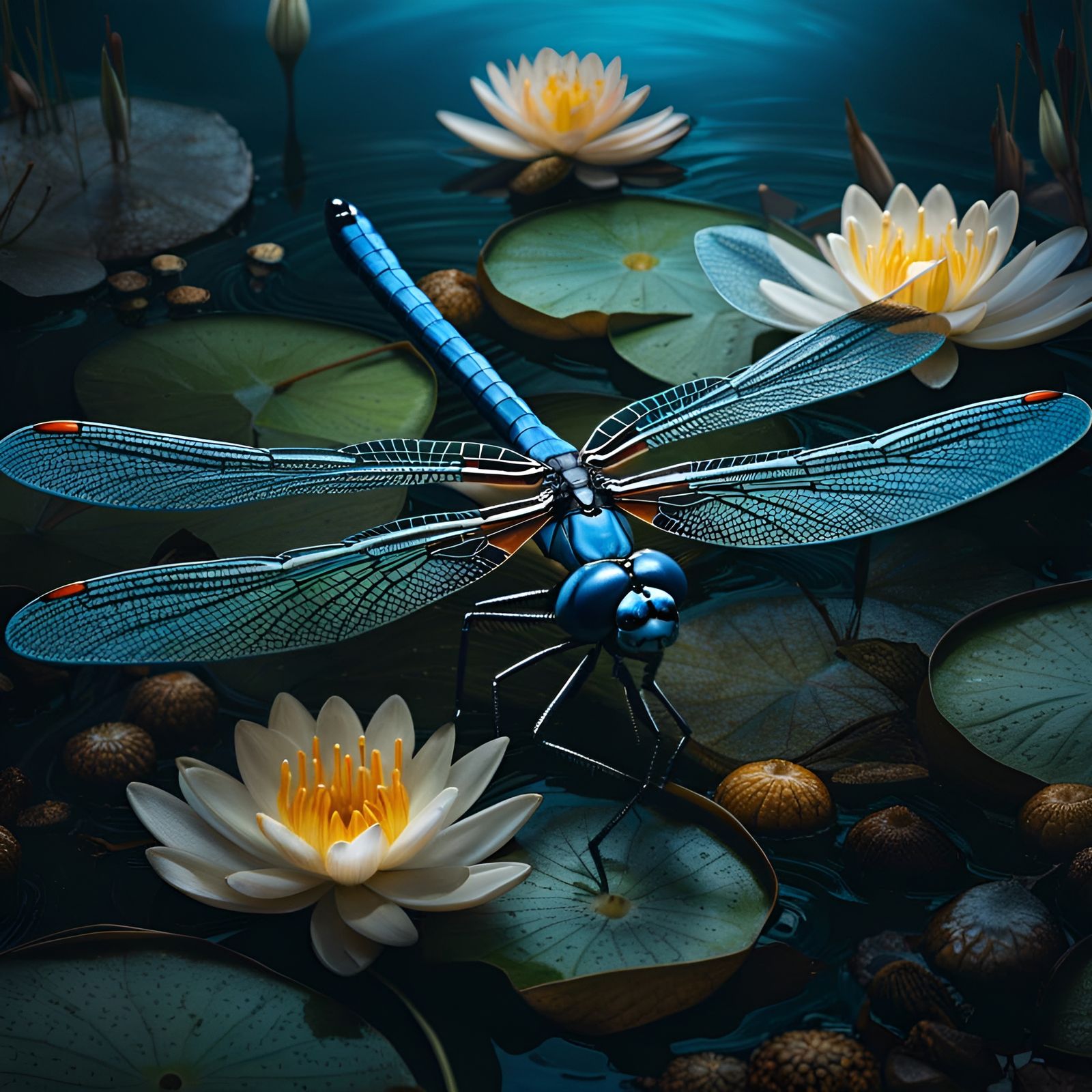 Blue dragonfly in a pool of water lilies  by @avionesplateados 