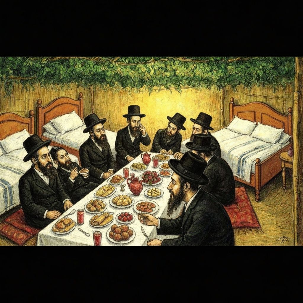 Chassidic Jews Feast in Decorated Sukkah
