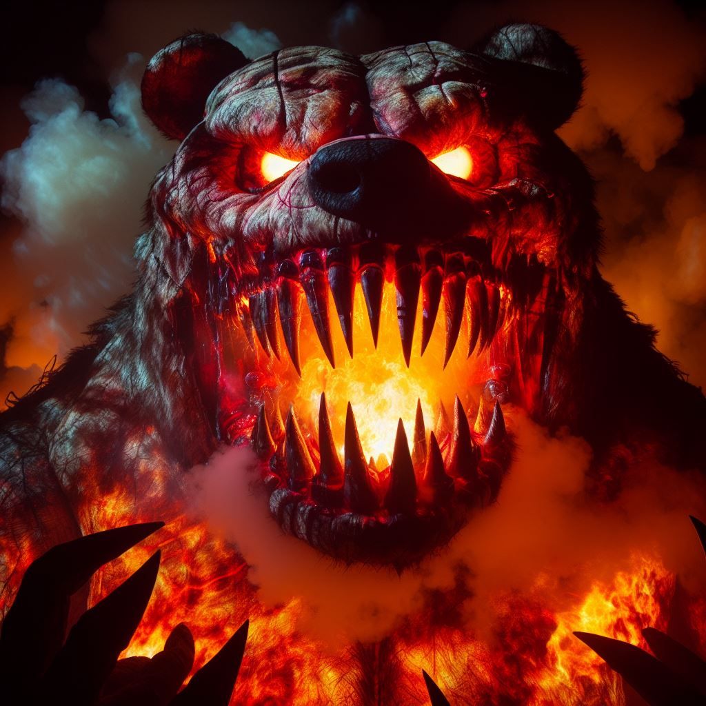 Evil Demented Clown Bear in Flames