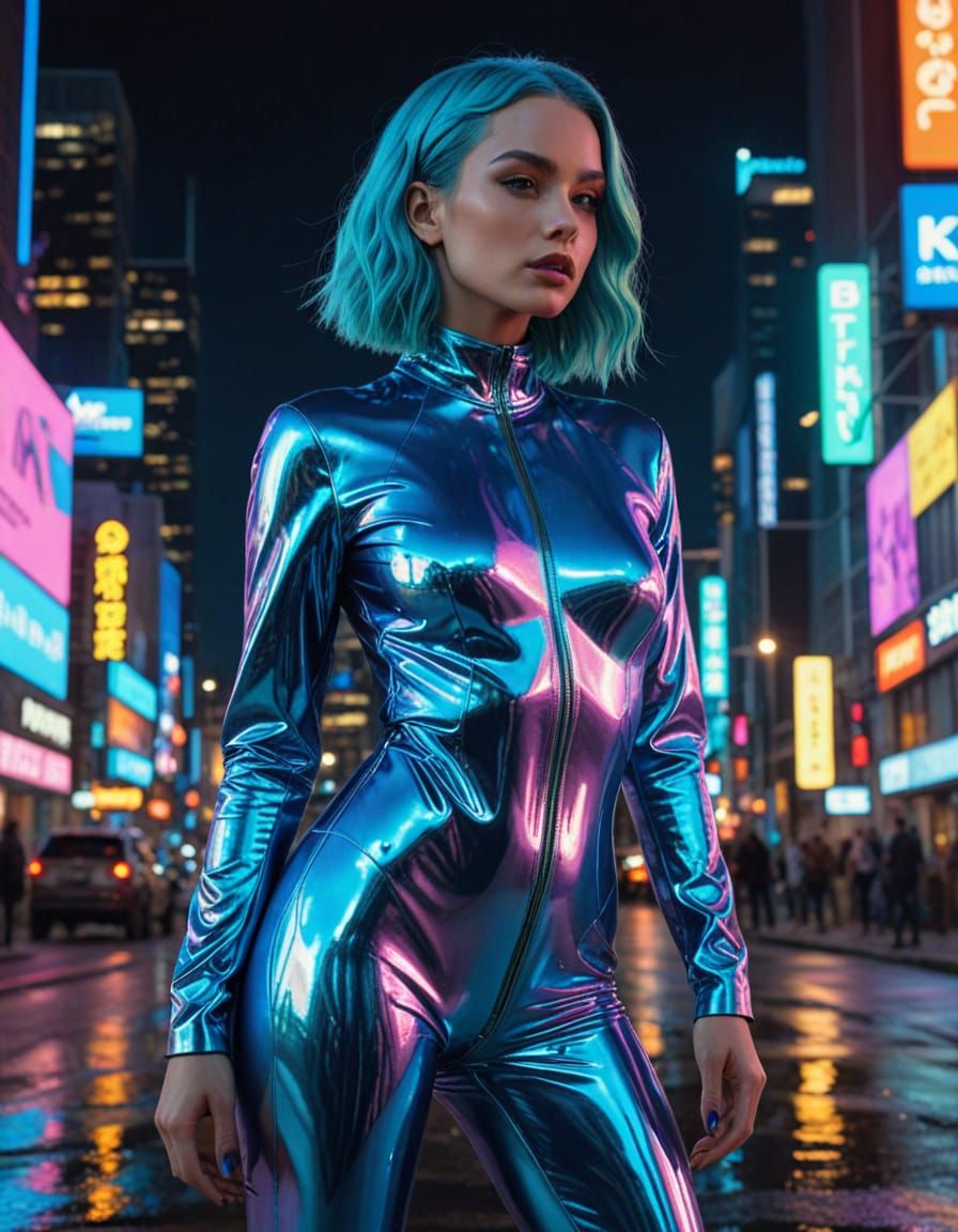 A tall and slender supermodel with striking facial features, smooth skin, and an androgynous look, standing in a dramatic pose with one leg ...