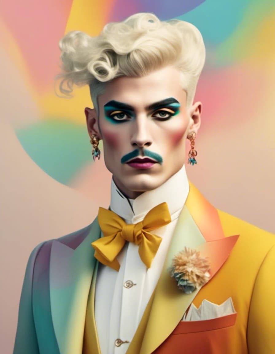 A poster for a rainbow drag king in subtle colors in the sty...
