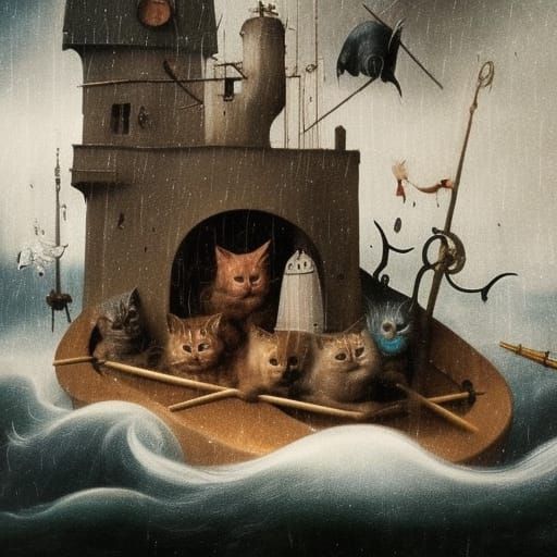 Hieronymus Bosch Style - Ship of Foolish Cats  by @H0rati0