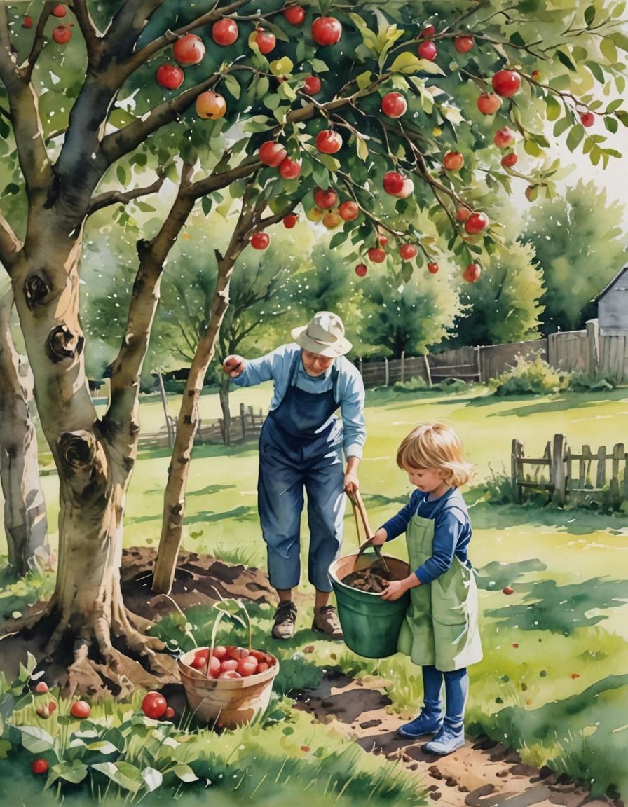 Child and parent gardening under an apple tree  by @Northview