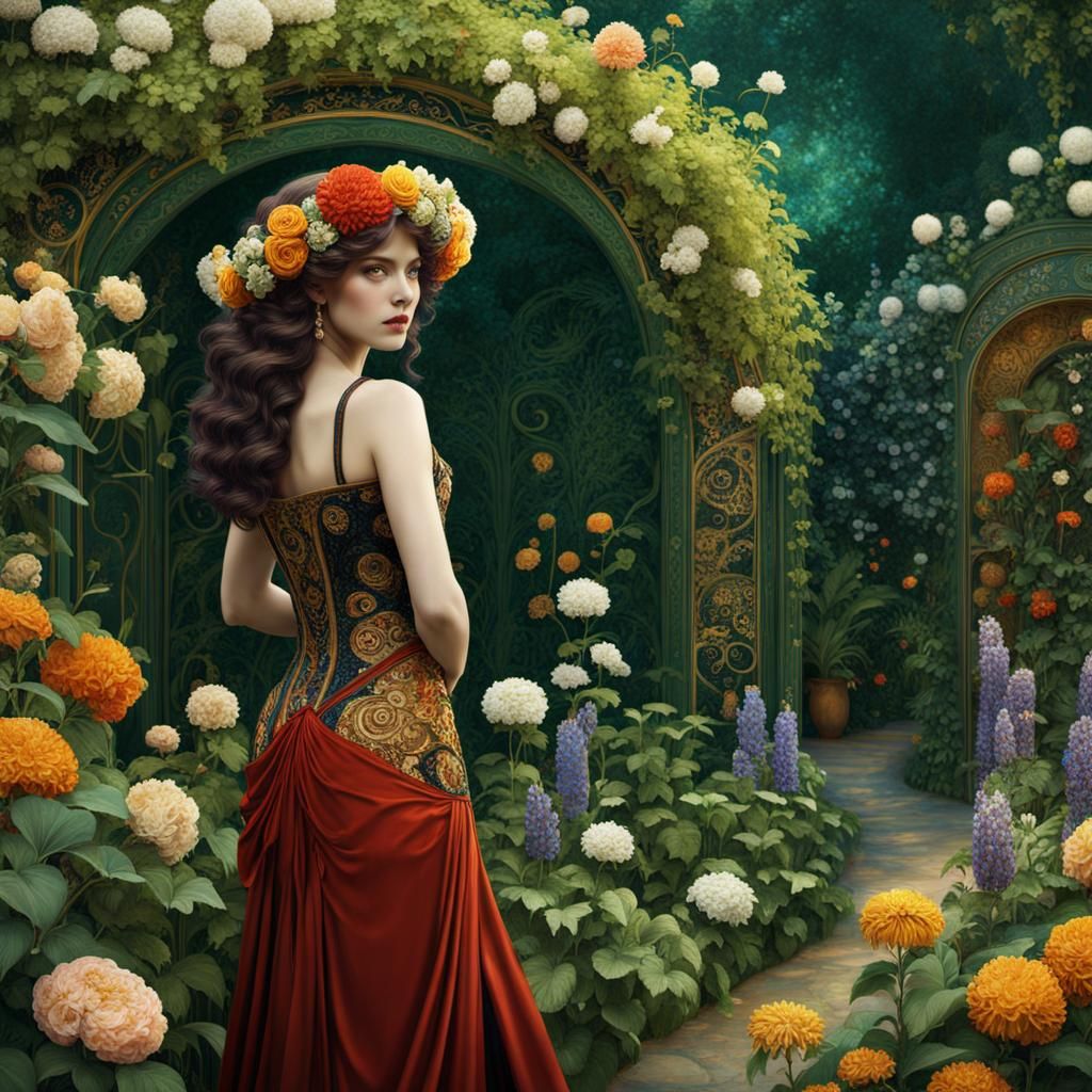 In the garden in full bloom by Gustav Klimt, Karol Bak, Alph...