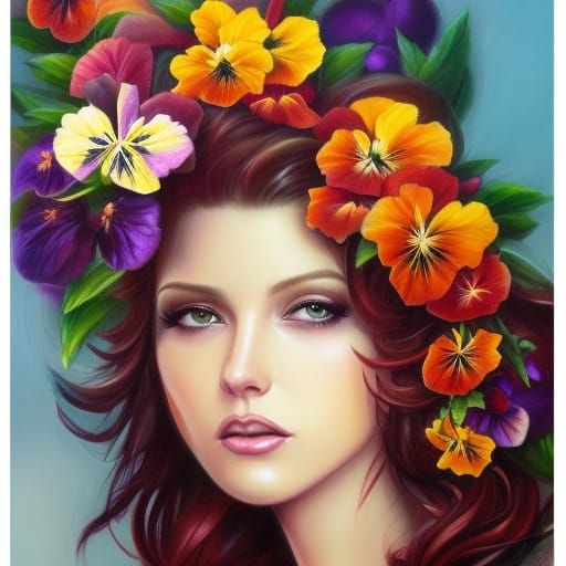 Beautiful woman, flower bouquet, flower wreath, hibiscus, pansies, concept art by julie bell, hyperrealistic, intricate ...