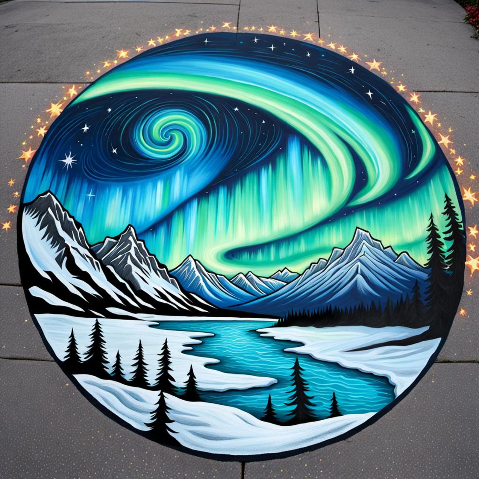 chalk art sidewalk drawing of a portal to north Alaskan showing the ...