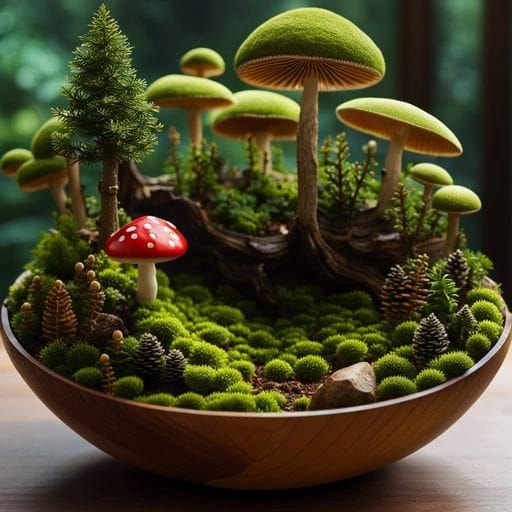 Decoration of spruce, pine, toadstool and moss in a bowl  by @Blueflower
