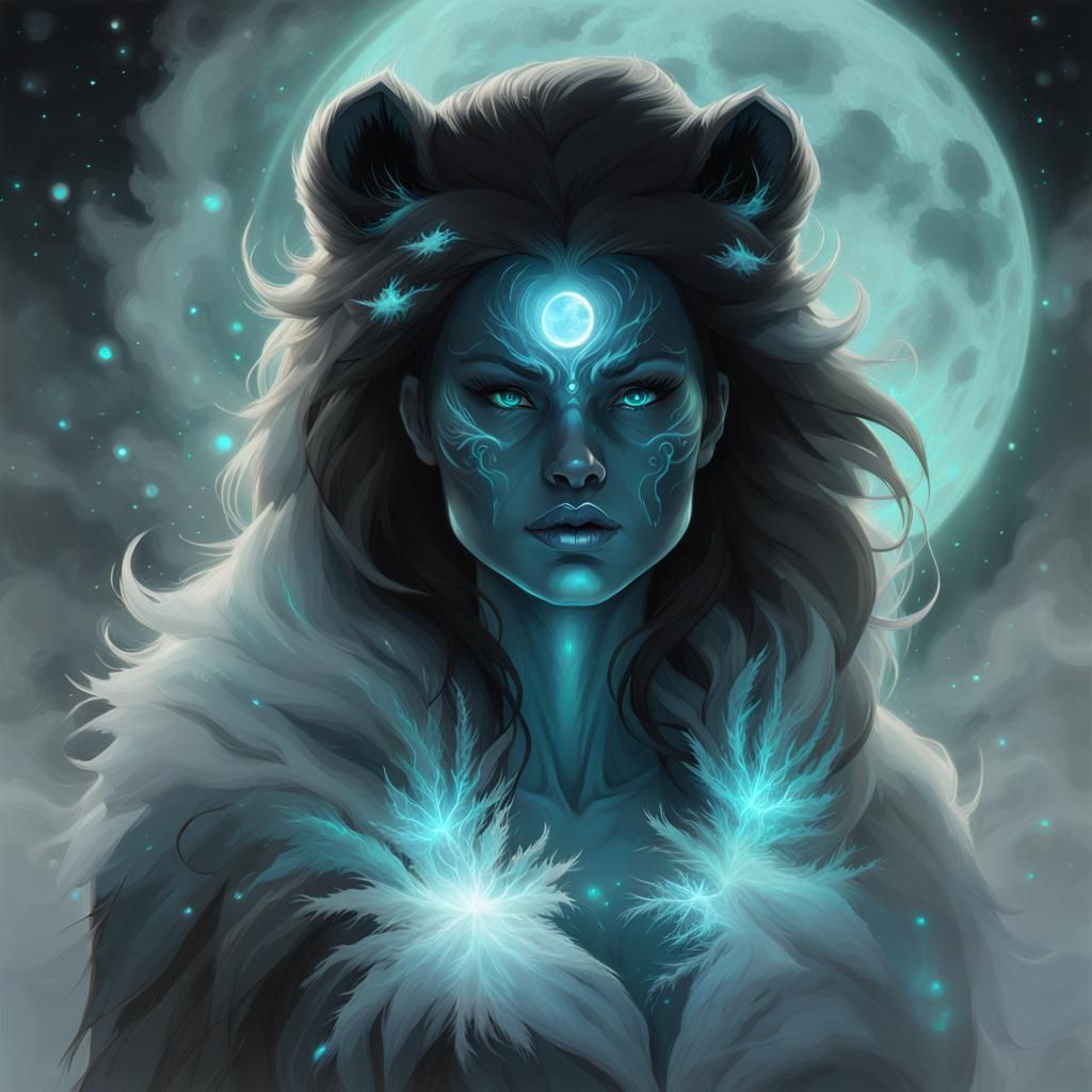 hauntingly beautiful glowing wispy female werebear, beautiful face ...