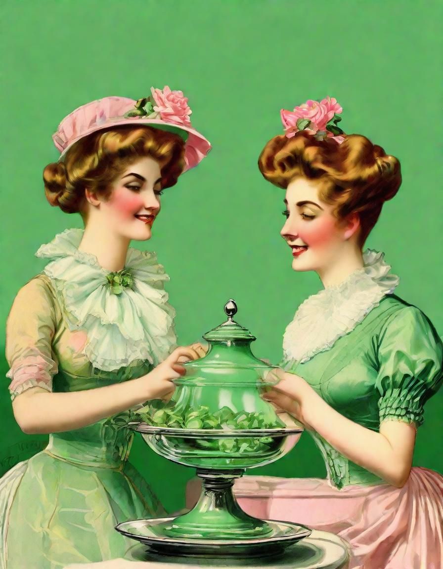 green colorized art by Charles Dana Gibson of Gibson Girls, two Gibson ...