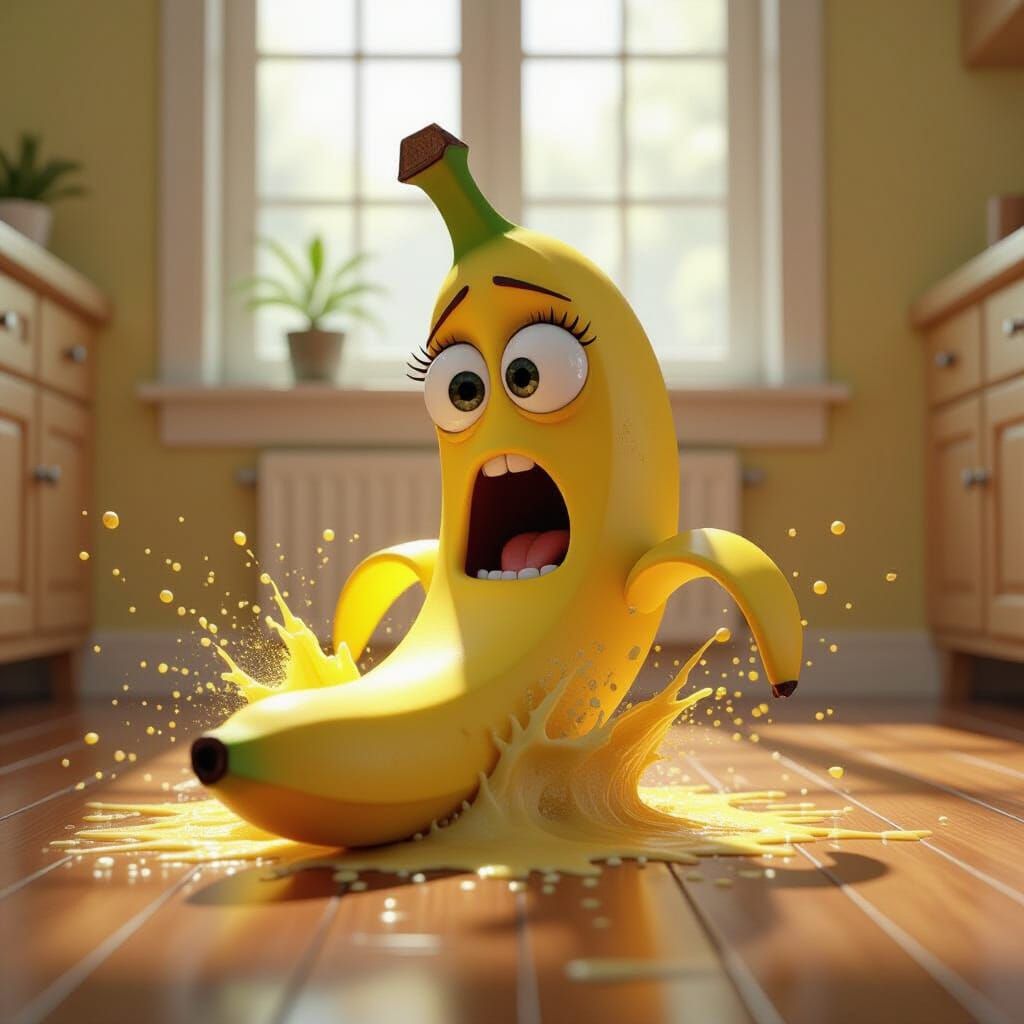 Terrified Banana Splatters on Floor in Photorealistic Style