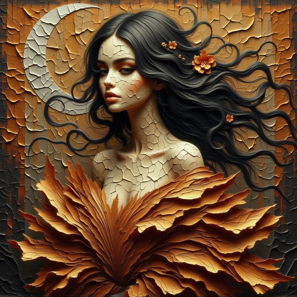 <lora:Moonchild:1.0> <lora:CRACKLED IN BEAUTY:1.0> Heavy smudged oil painting, A breathtaking cinematic portrait of an elegant gorgeous glam...