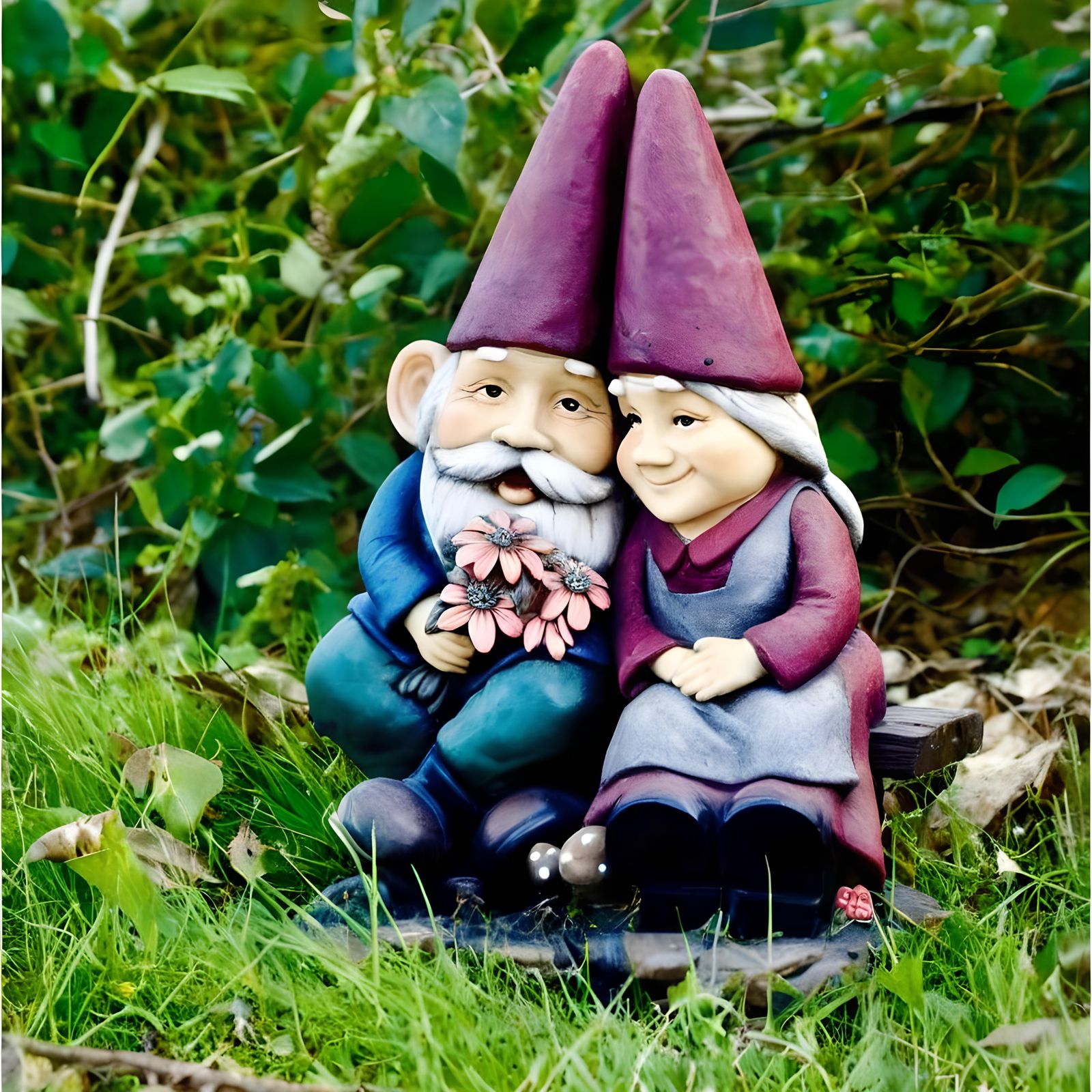 Cute gnome couple sitting on a bench