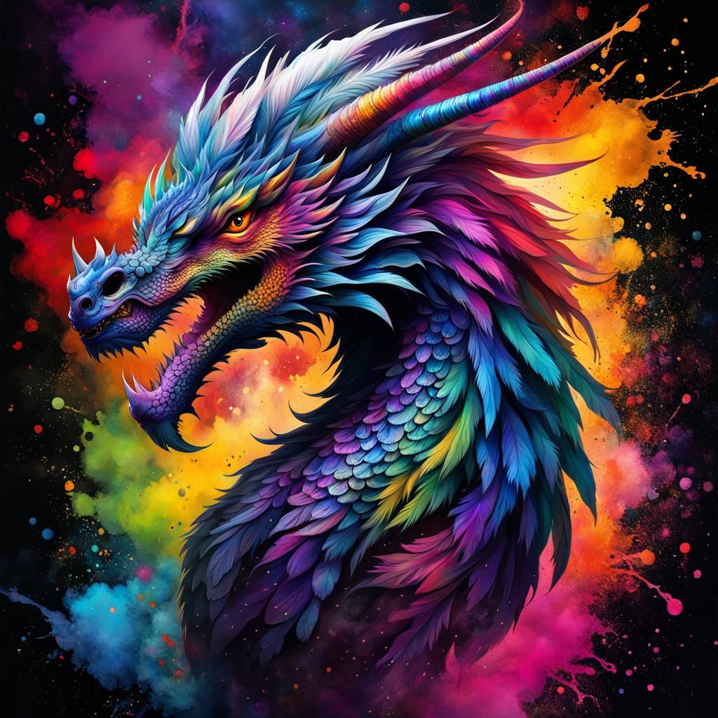 Ink splatter art of a multicolored feathered dragon head - AI Generated ...
