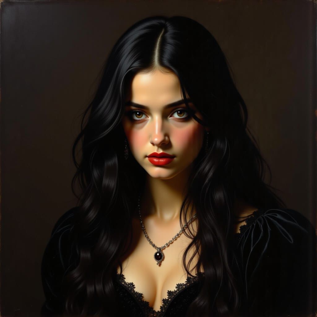 <lora:Corte espanola:1.0> A black long haired aristocratic female pirate. dark background room. Face. Stunningly eyes. Painting. Sandro Bott...