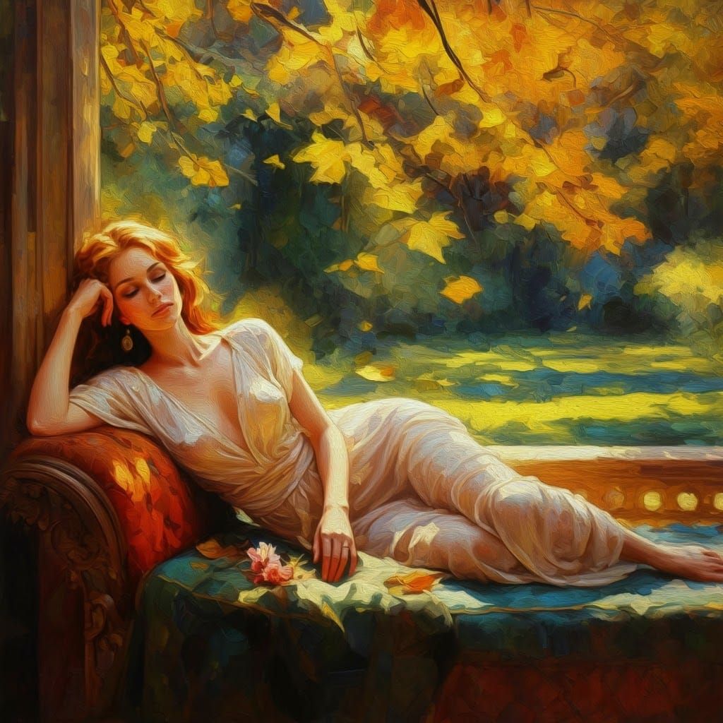 Autumn Serenity: Woman in Sun-Drenched Garden as Impasto Pai...