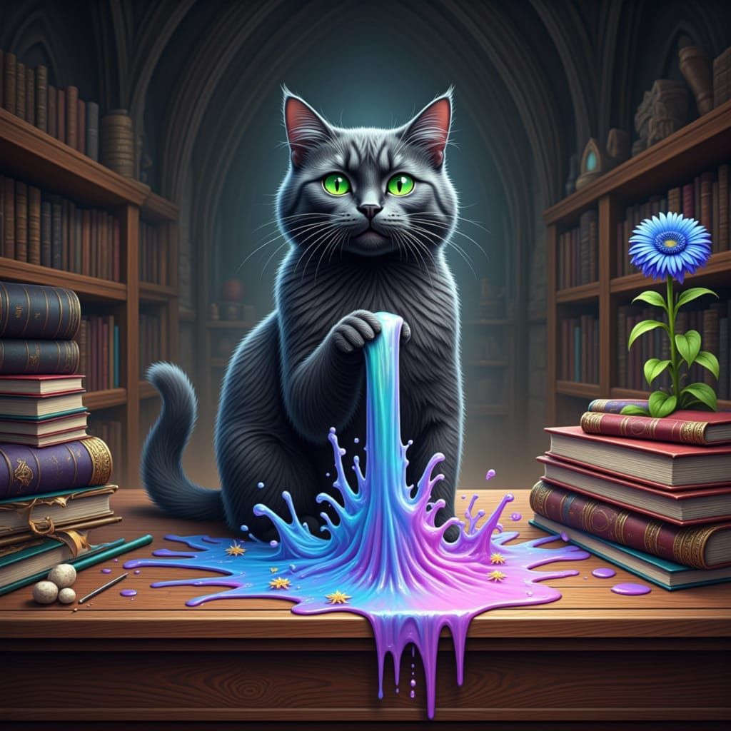 Albus the cat sitting on a pile of books spilling rainbow MILK with a blue flower sprouting out from the spill on the wizards cluttered desk...