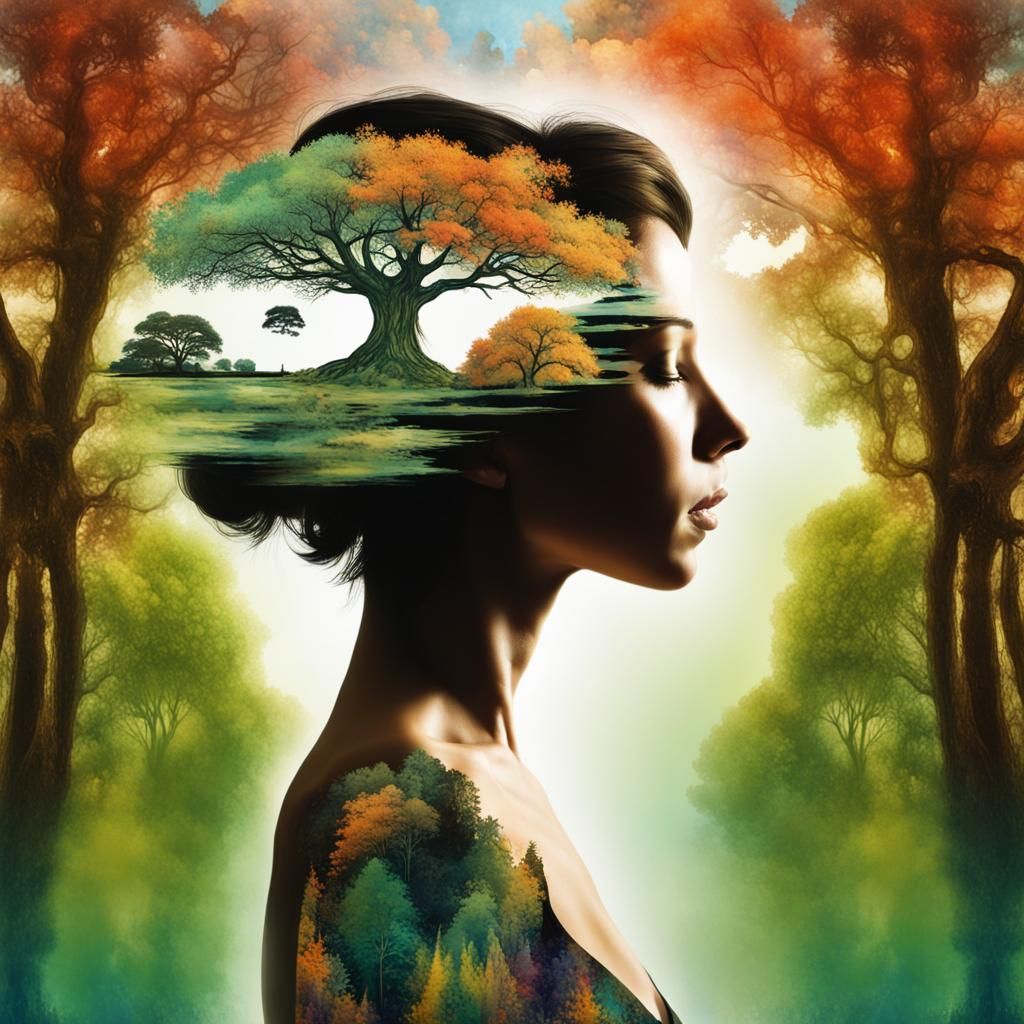 Maximalists hyperrealistc “Double exposure Art MASTERPIECE” Side view stunningly gorgeous happy, joyful ...  by @JokeStirrer