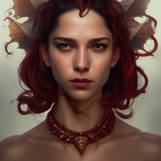 Dragon humain avec des cheveux rouge et un collier en écaill...