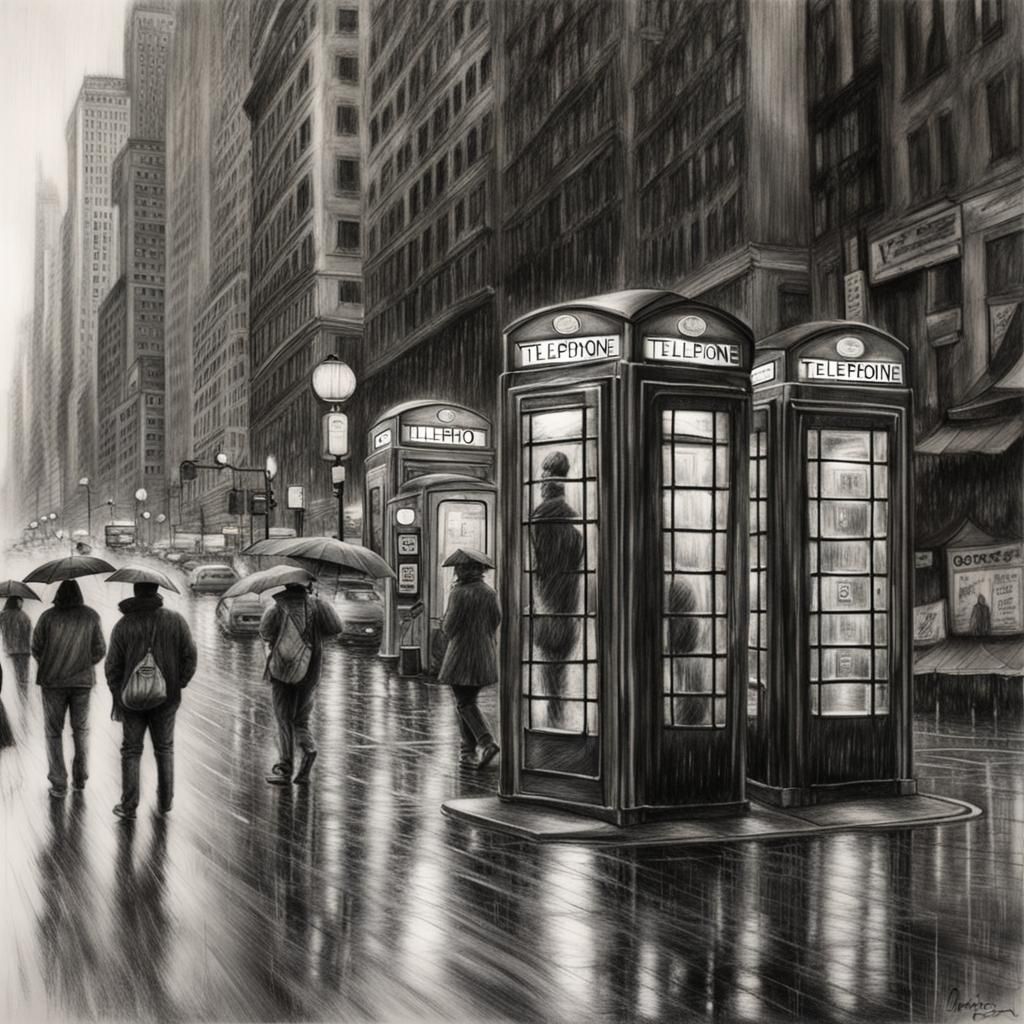 "telephone booth" "people moving fast" "city" "rain"