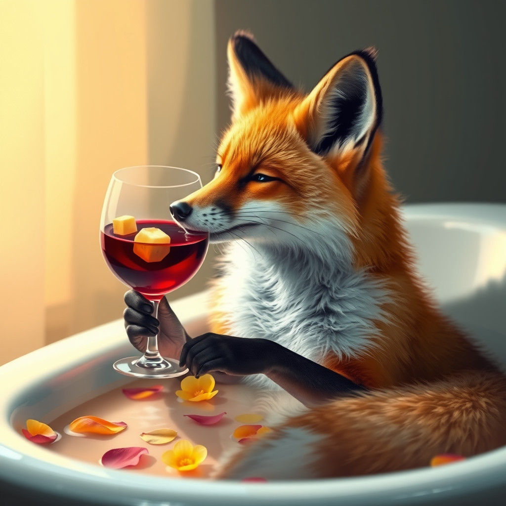 Fox in Bathtub Sipping Wine: Dreamlike Digital Art