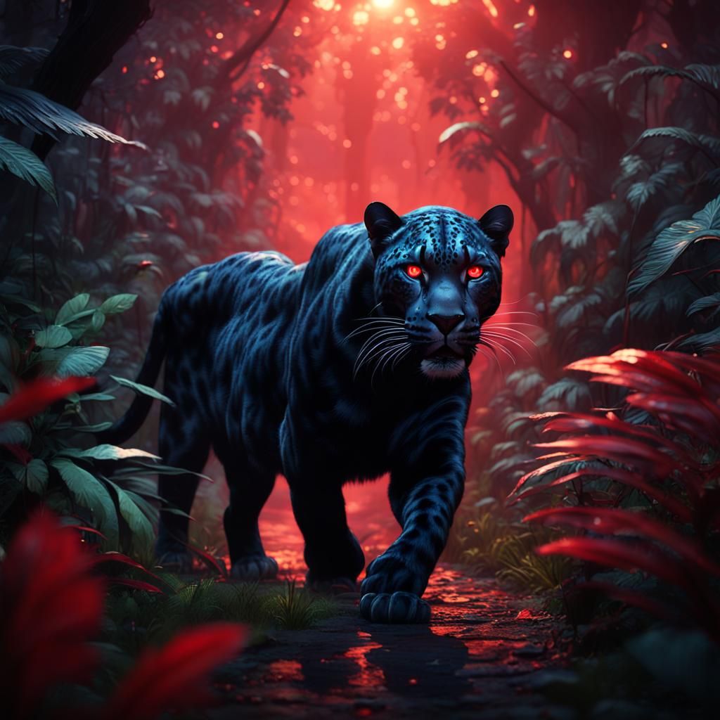 A black Leopard with red eyes walking towards the camera thr...