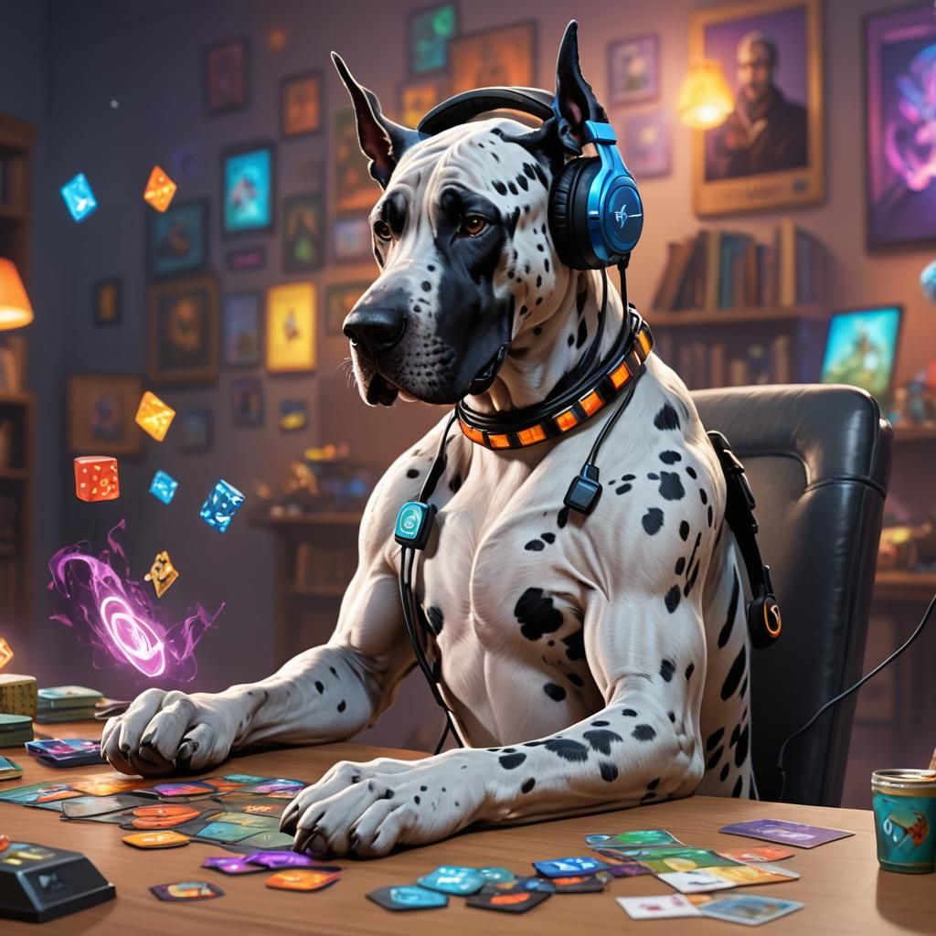 great dane wearing headset playing magic the gathering