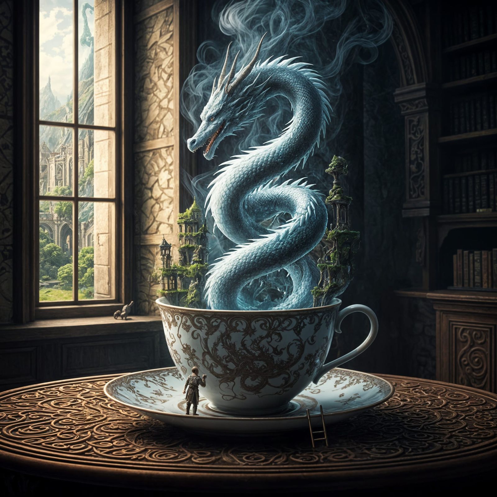 Dragon Spiraling Out of Teacup  by @Hinty