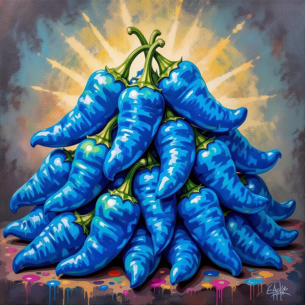 Harvested piles of recently harvested iridescent cerulean blue rocopeño (rocoto + jalapeño) chile peppers.  Color version of Día de los muer...