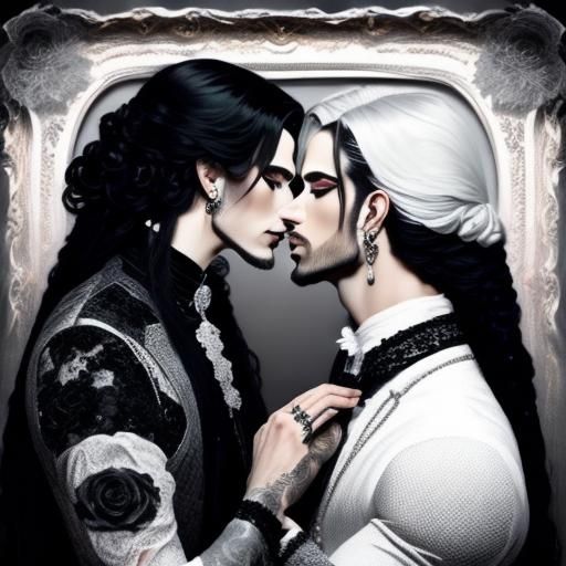 <lora:Goth fashion 2:1.0> Extremely detailed portrait of a gay couple facing each other, face of a goth man in a black lace clothes in a got...