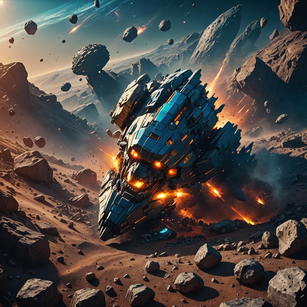 Mother Spaceship Approaches Teeth Asteroid in Sci-Fi Style