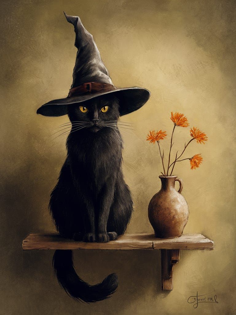"Create a whimsical and slightly eerie illustration of a black cat sitting on a wooden shelf, wearing ...  by @GoingJade