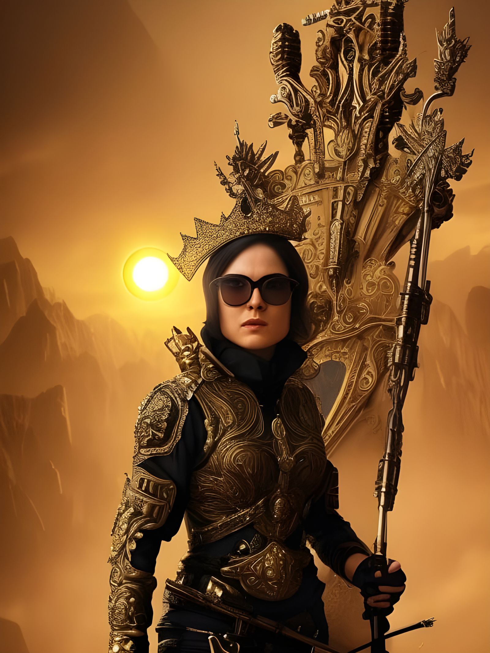 Suited Assassin Queen on Throne: Epic Digital Art
