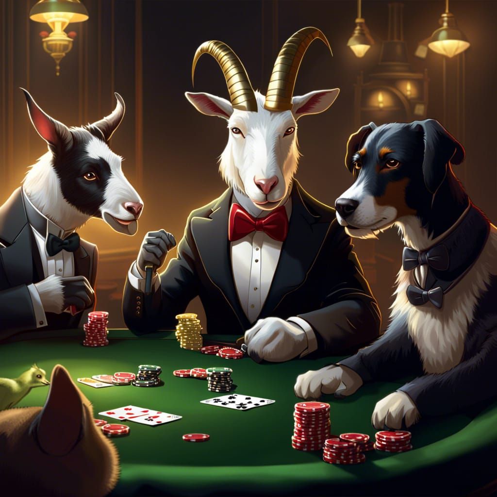 A goat, a cat, a duck and a dog in tuxedos sitting at a table playing poker, casino, dimmed light, digital ...  by @Oliver GRain