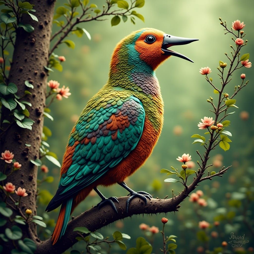 <lora:Creepy Dolls:1.0> colourful bird singing on a tree branch