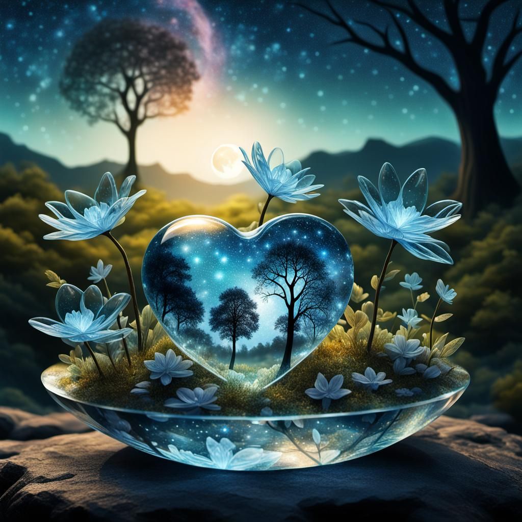 Bioluminescent Glass Heart on Crystal Flower