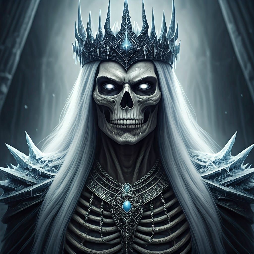 dessicated Undead Frost lich king with Ice Crown and necklaces, icy white sunrays, headdress, smoldering dead white eyes, dead dry skin, dra...