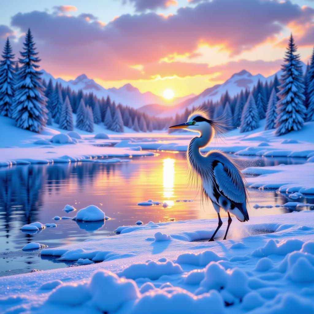 <lora:Heron Snow:1.0> Heron in a snowy winter scene vibrant pond sunset