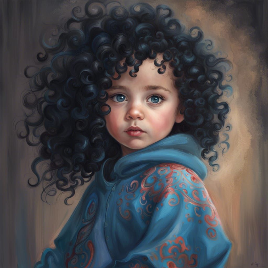 toddler girl with curly black hair, blue eyes